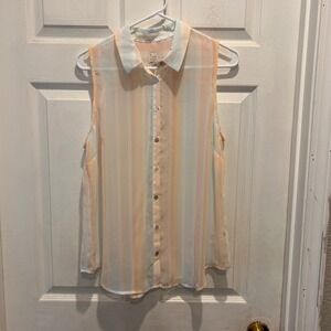A New Day Womens Large Sleeveless Button Down Blouse Pastel Striped Sheer Top